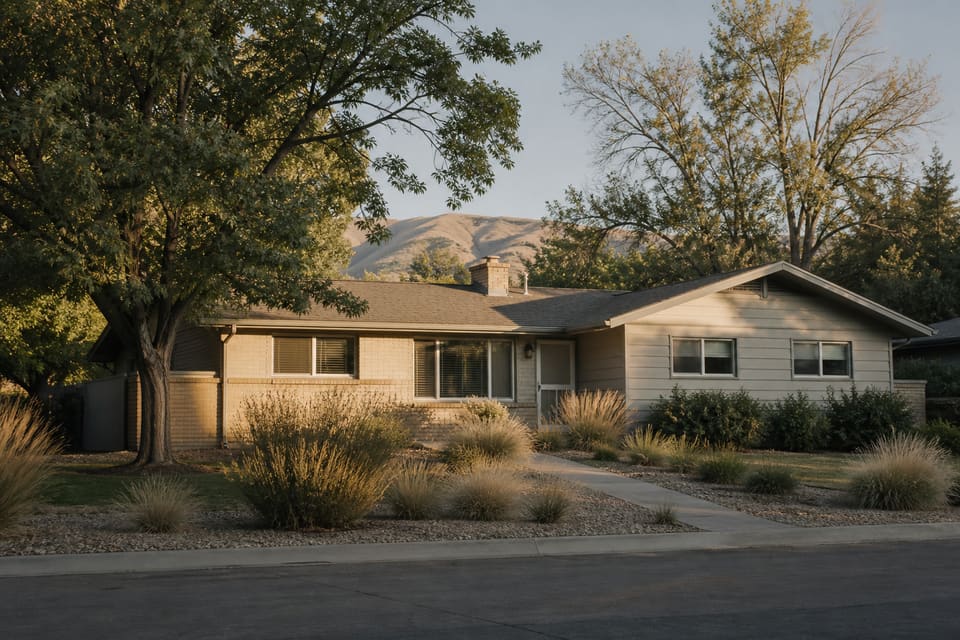 Modest single-story house with a tidy yard in late-afternoon light. Illustrative of a Meridian-area residential property, not a listed address.